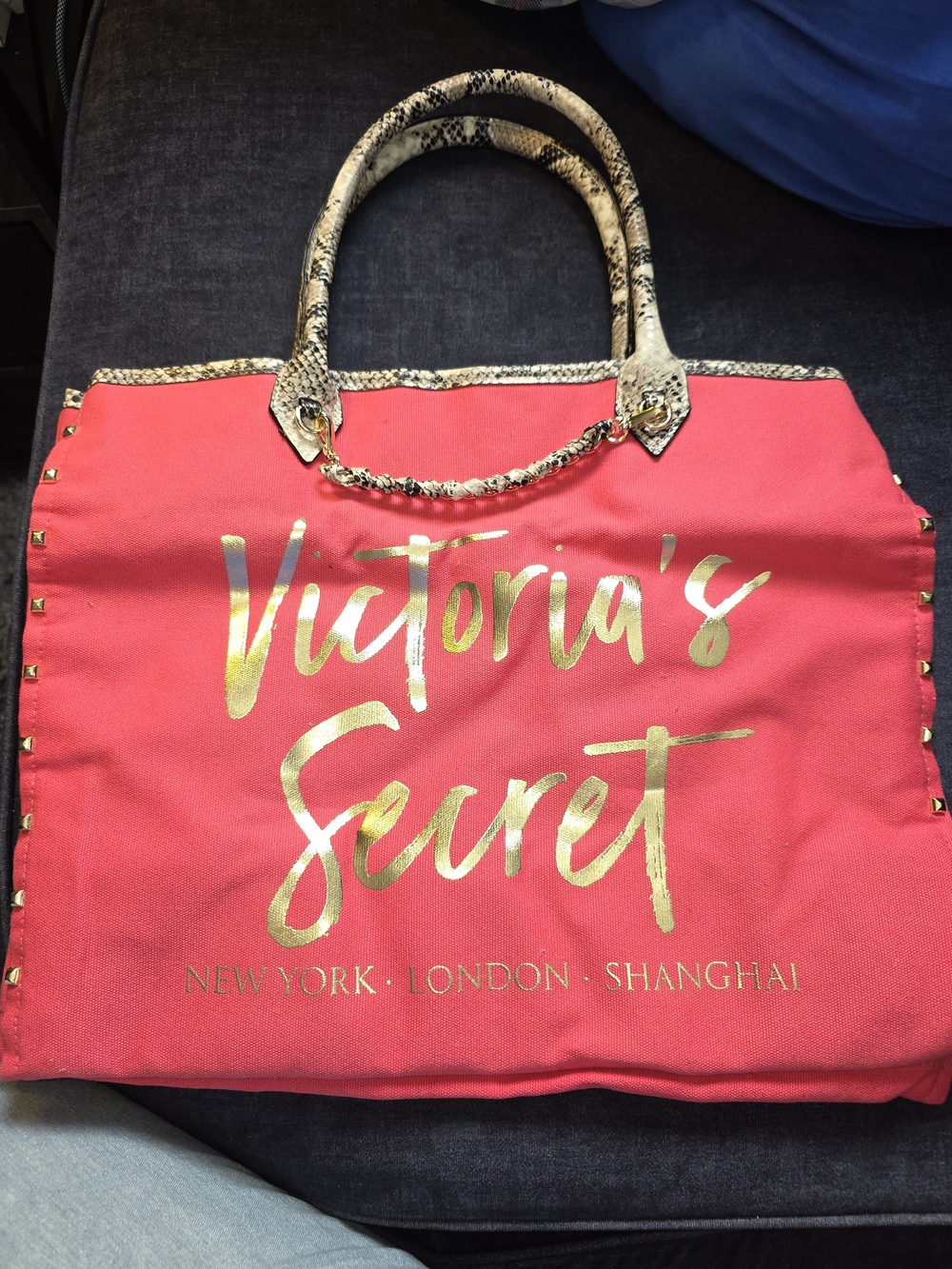 Victoria's Secret Red Tote Bag with Snake-Print Handles